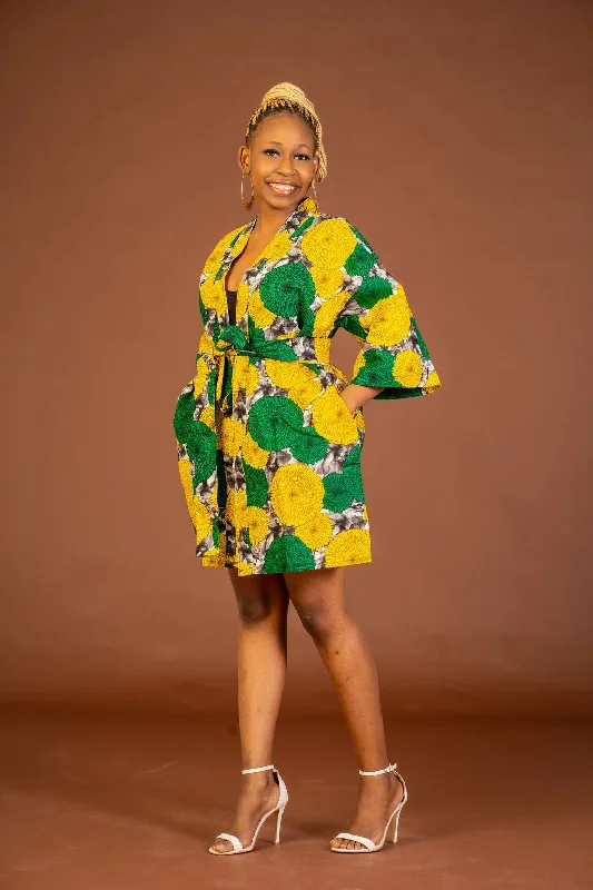 Anthonia Ankara Short Kimono Jacket | Yellow and Green African Print