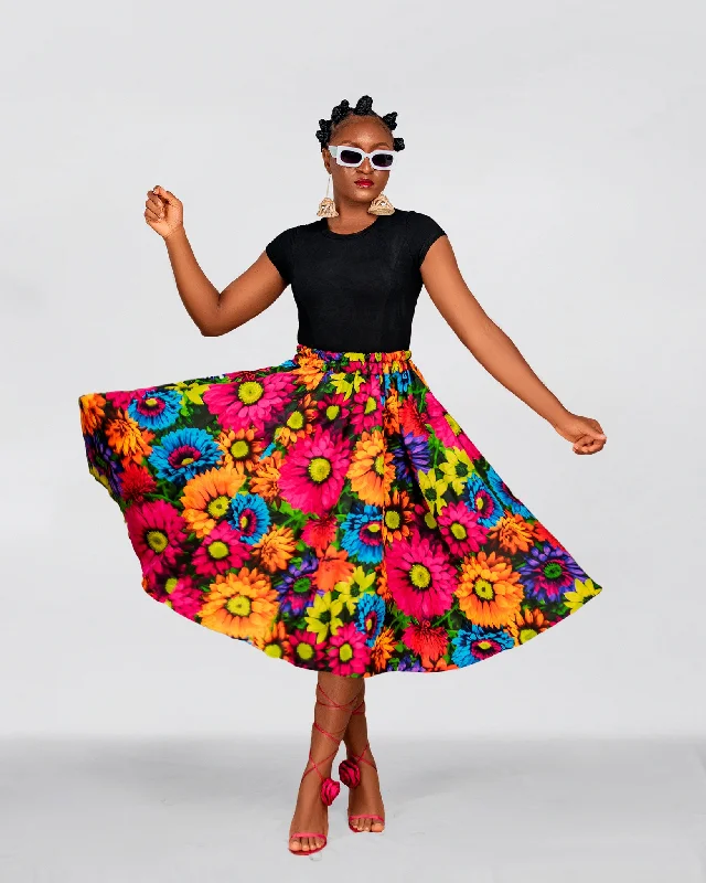 Gothic Dresses with Dark Tone -Udi Ankara Midi Skirt | Pink Multicolor African Print