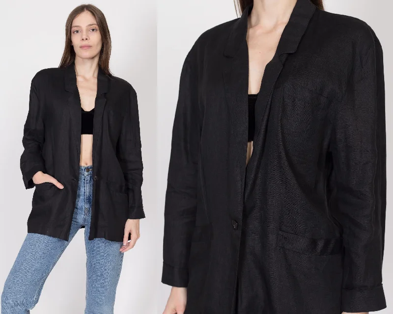 Blazers with soft fabrics drape beautifully -Large 80s Black Linen Blazer