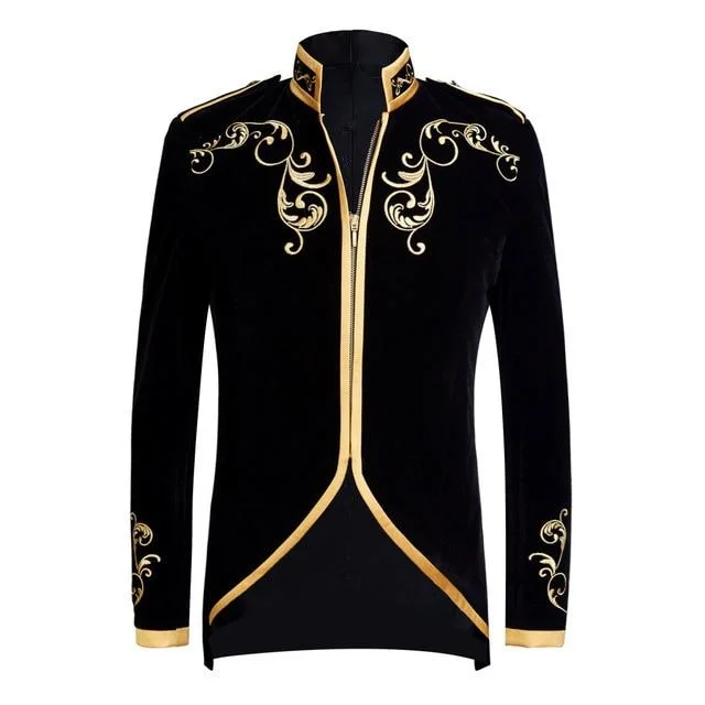 Blazers for layering create stylish outfits -British Palace Prince Style Black Velvet Gold Embroidery Wedding Blazer