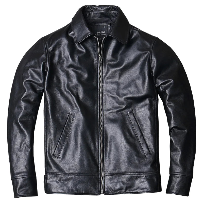 Men's Black Genuine Cowhide Leather Turn-down Collar Slim Fit Jacket