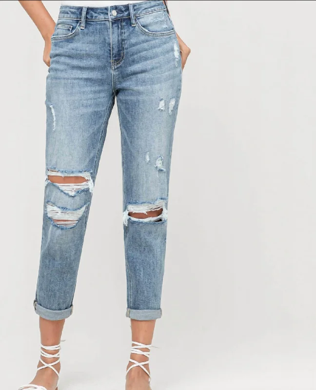 Stretch-fit tight trousers for women with all-over fit and body-hugging silhouette -Distressed Boyfriend Jeans In Dreamland