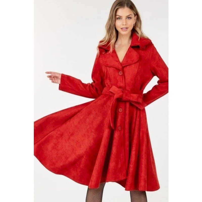 Women's Wine Color Button Tacking Collar A-line Suede Coats & Jackets