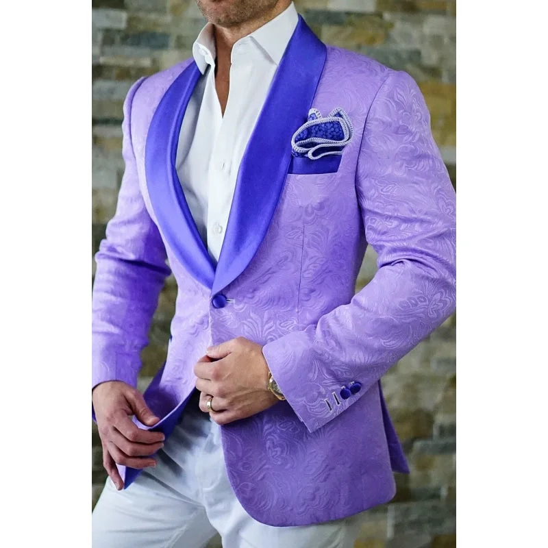 Men's Lavender and White Floral Pattern Wedding Jacket with Pants