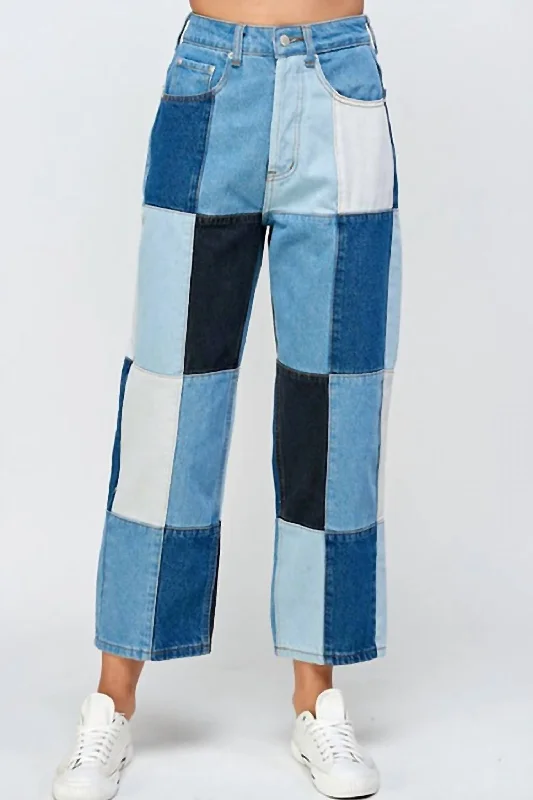 Casual tight trousers for men with drawstring waistband for a relaxed fit -Patchwork Straight Jeans In Mixed Blue Denim