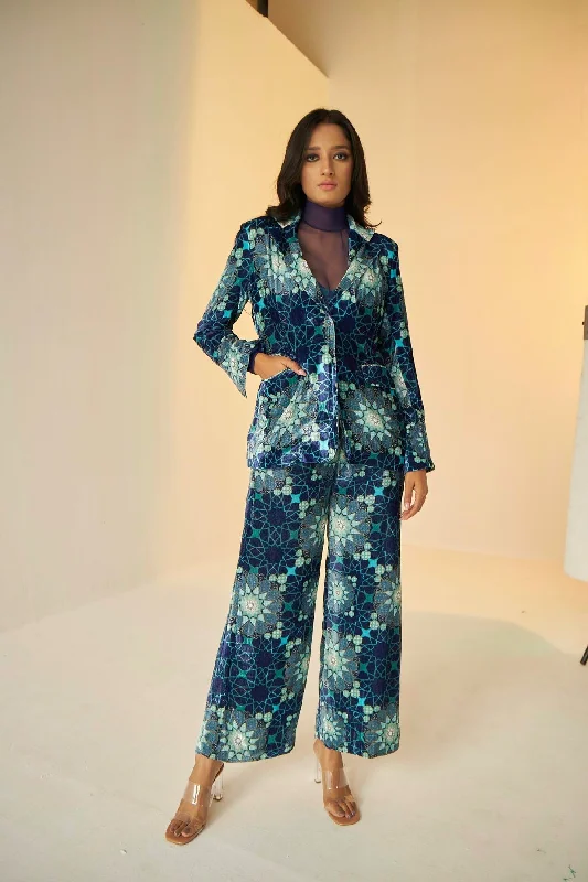 Blue- Tashkent Velvet Jacket And Pants Set With Bustier