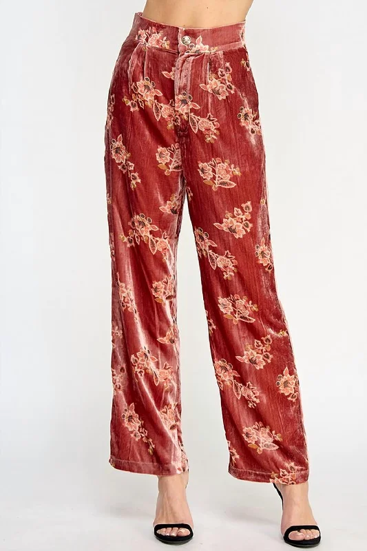 Smart casual tight trousers for women with cuffed ankle and tailored design -Women's Floral Velvet Trousers In Red