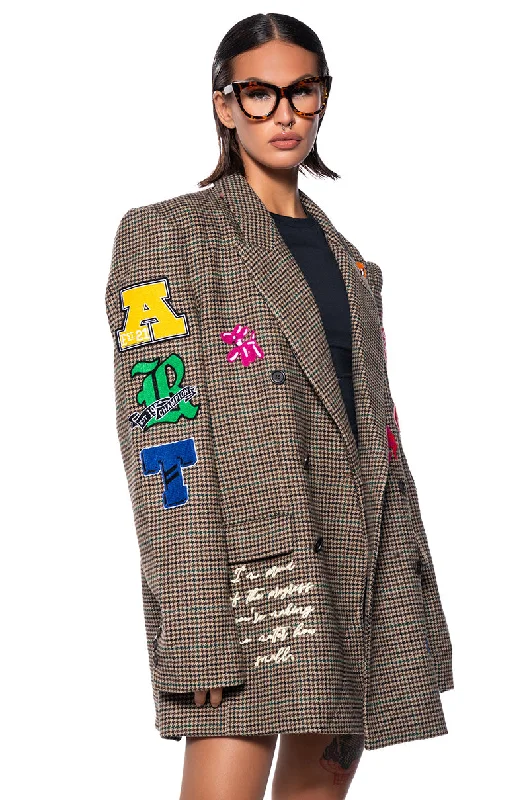 Blazers featuring shiny buttons catch light -FIRST ROW CASUAL WOOL PLAID BLAZER WITH PATCHES