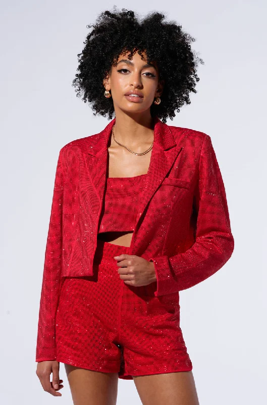 Blazers for statement looks turn heads -POP STAR HOT FIX RHINESTONE CROPPED BLAZER IN RED