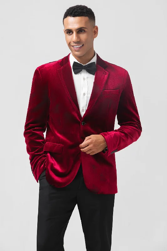 Blazers with leather accents feel edgy now -Burgundy Notched Lapel Velvet Single Breasted Men's Blazer