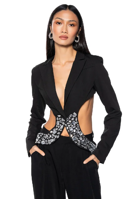 Blazers for young professionals look fresh -SIDE CUT OUT RHINESTONE BLAZER