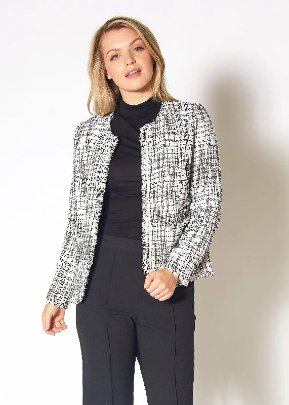 Blazers for young professionals look fresh -Women's Open Front Tweed Blazer in Black White Tweed