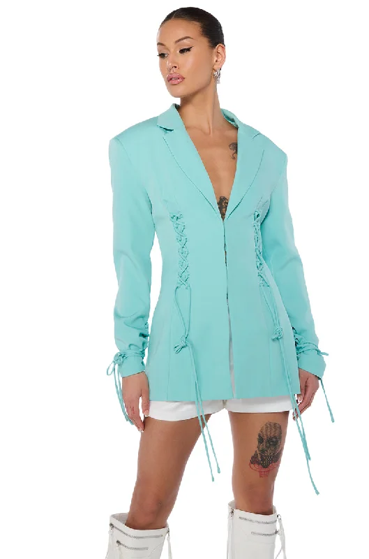 Blazers with soft fabrics drape beautifully -LACED TEAL FITTED BLAZER