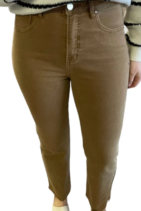 Pleated tight trousers for women with vintage-inspired design and modern twist -Raw Hem Side Slit Straight Jeans In Cocoa