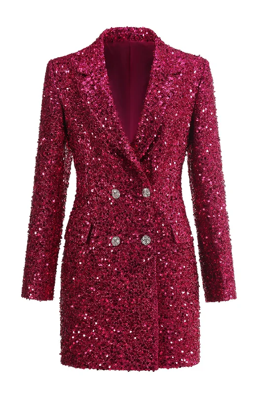 Blazers in coral shades feel lively -Sparkly Fuchsia Notched Long Women's Blazer