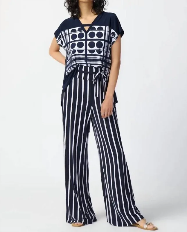 Denim tight trousers for women with skinny fit and timeless blue wash -Striped Silky Knit Wide-Leg Pants In Midnight Blue/vanilla