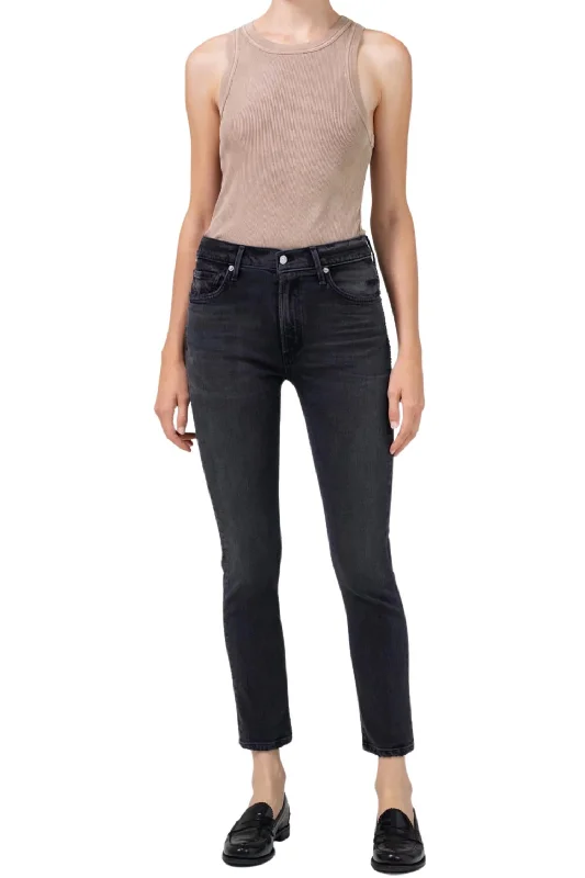 Tapered tight trousers for women with ankle-length fit and minimalist style -Ella Mid Rise Crop Jeans In Film Noir