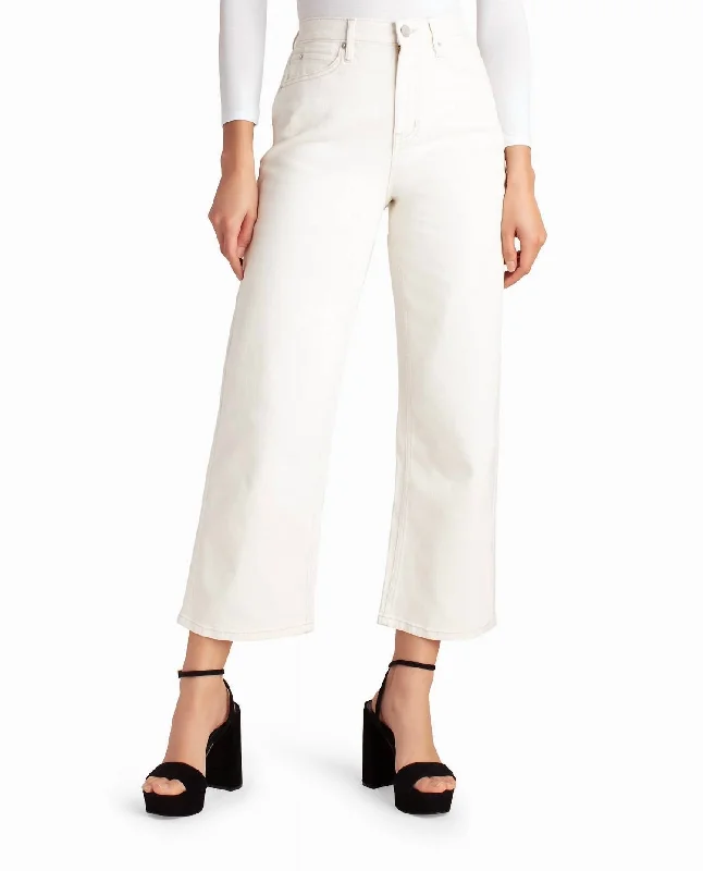 Vintage-inspired tight trousers for women with buttoned waist and retro charm -High Rise Wide Leg Ankle Jean In Off White