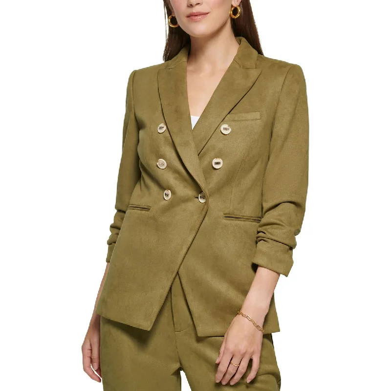 Blazers with soft fabrics drape beautifully -DKNY Womens Faux Suede Ruched Double-Breasted Blazer