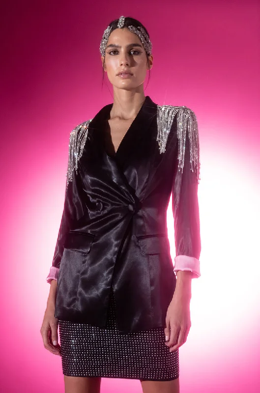 Blazers with unique textures draw attention -satin blazer with shoulder detail