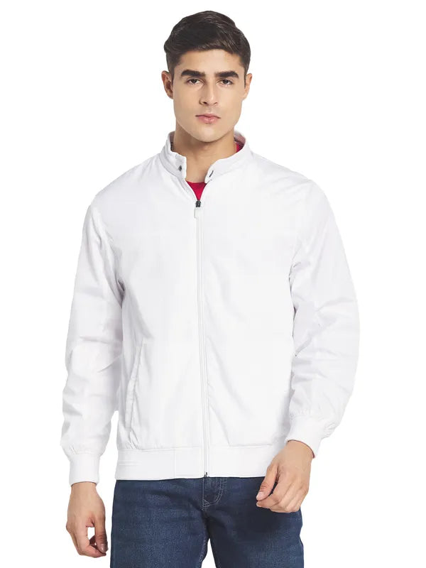 Mettle Men White Solid Long Sleeves Bomber Jacket