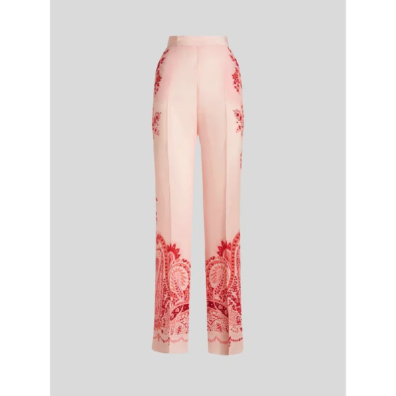 Bold color tight trousers for women with bright hues and daring style choices -Silk Trousers With Placed Flower Print