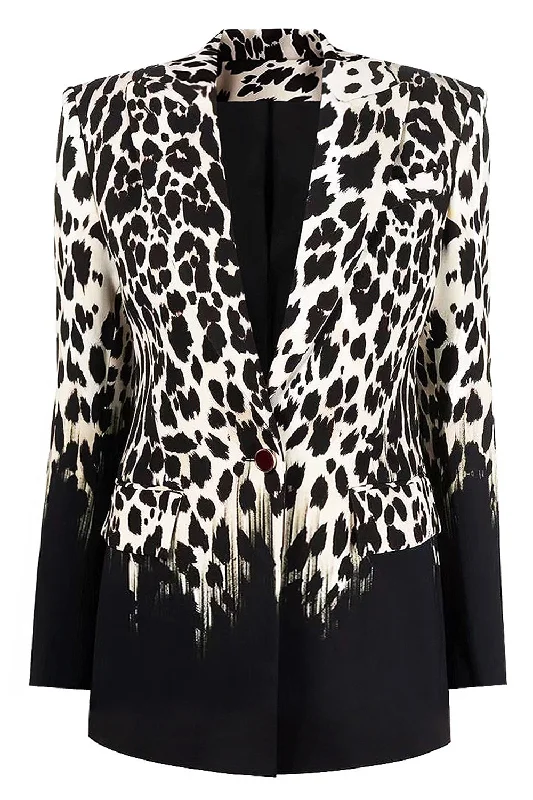 Blazers with draped fronts feel artistic -Black and White Leapard Pattern Peak Lapel One Button Women Blazer