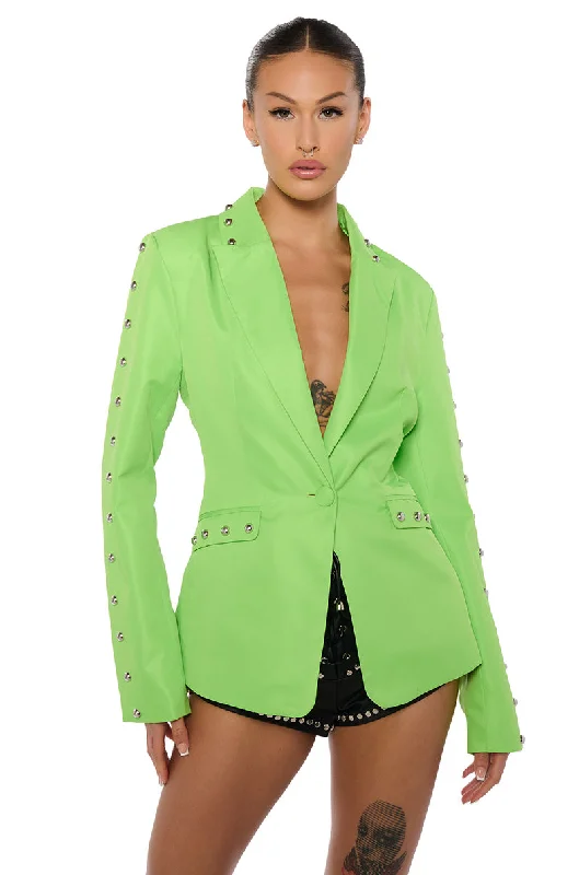 Blazers for tall builds elongate gracefully -STUDDED HEM BLAZER IN LIME