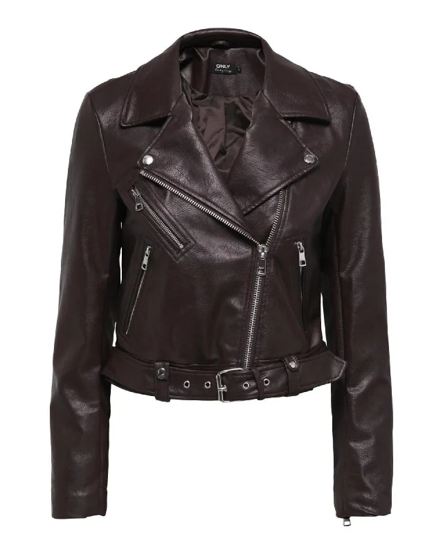 Faux Leather Biker Jacket with Zip Fastening and Long Sleeves