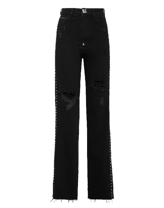 Wool blend tight trousers for women with soft, breathable fabric for year-round wear -Denim Palace Fit Crystal Cable