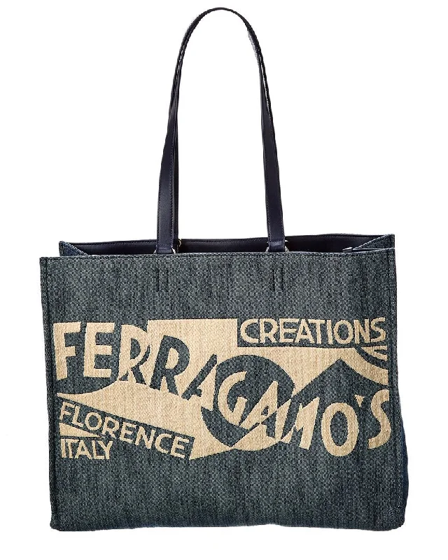 High-waisted tight trousers for women with belt loops for added style -Ferragamo Logo Large Denim & Leather Tote