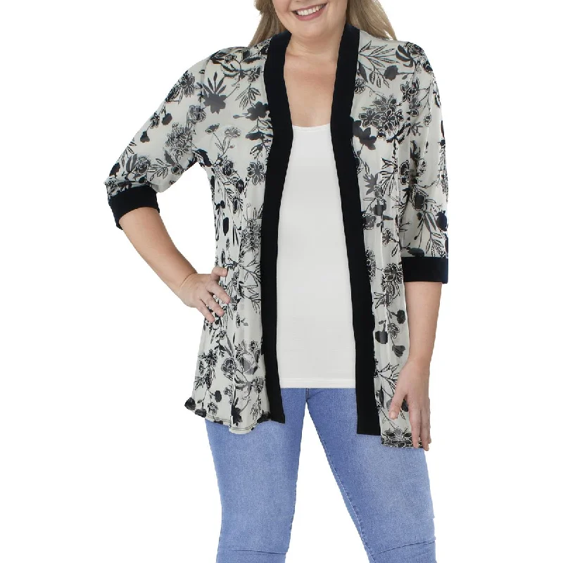 Blazers with ruched details add flair -R&M Richards Womens Plus Mesh Printed Duster Blazer