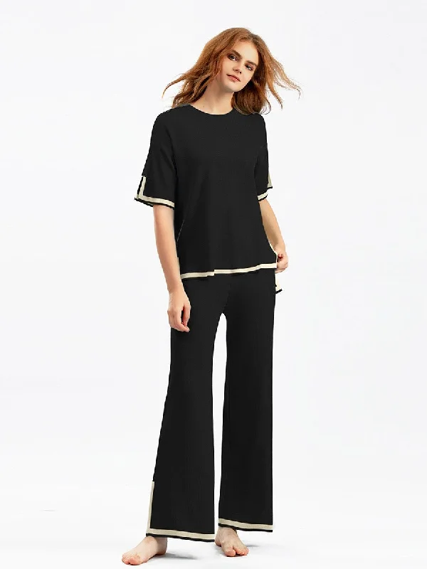 Handle bags with sleek hardware for sophistication -Contrast color split short-sleeved sweater + high waist slim wide leg pants two-piece suit