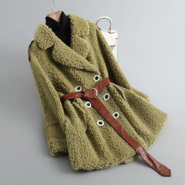 Women's Winter Korean Style Real Fur Wool Shearling Coat Jacket with Belt