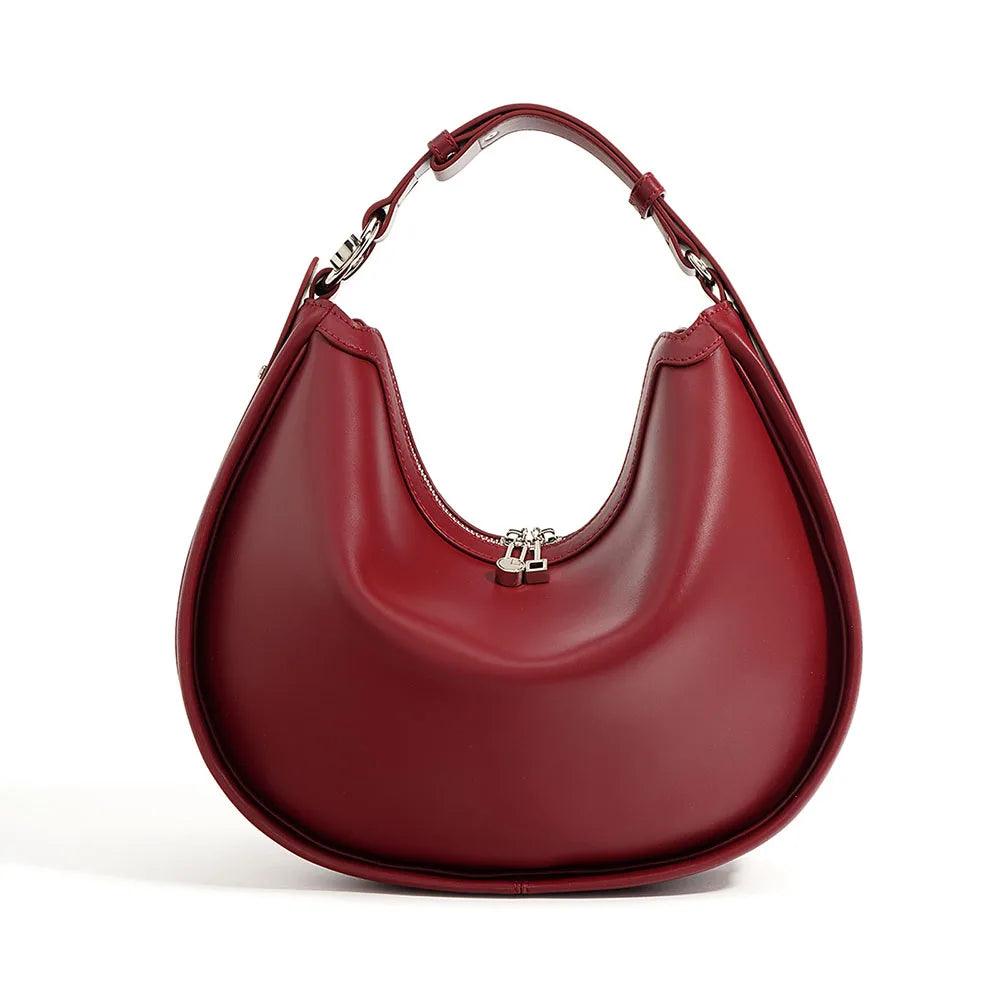 Handle bags with perforated details for style -Genuine Leather Large Capacity Half Moon Hand Bag