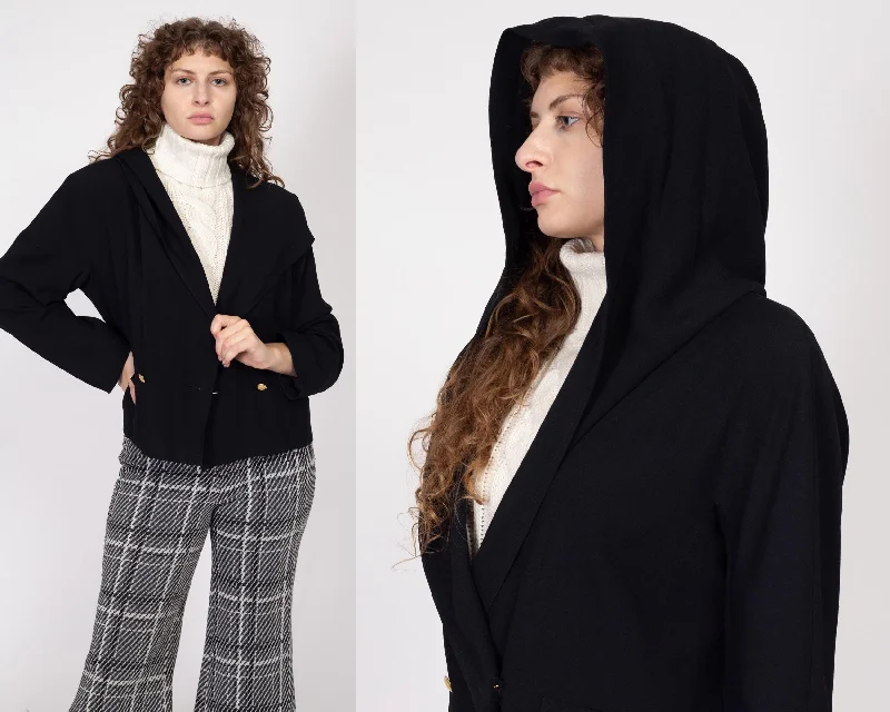 Blazers with asymmetrical cuts turn heads -Large 90s Black Hooded Blazer