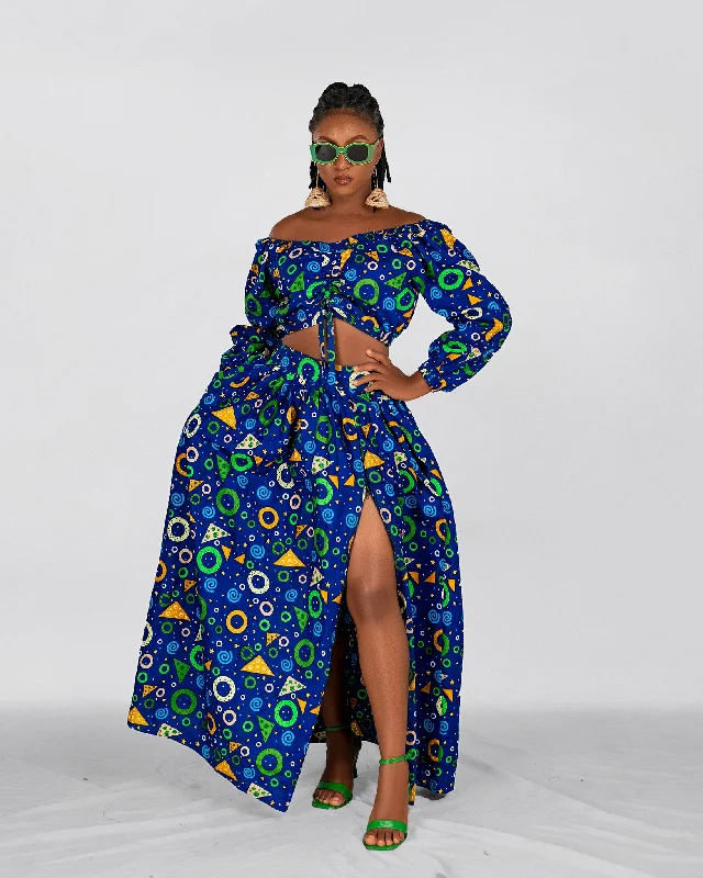 Beach Dresses for Coastal -Chichi Ankara Maxi Skirt |  Blue and Green African Print