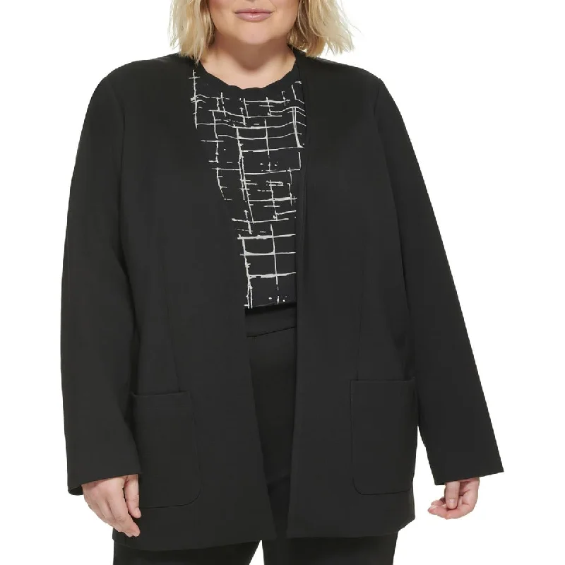 Blazers with elbow patches feel quirky -Calvin Klein Womens Plus Solid Ponte Collarless Blazer