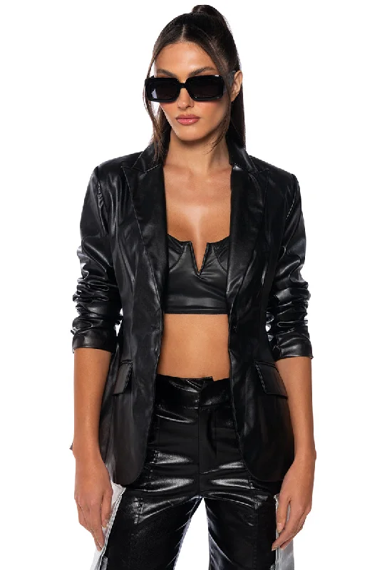 Blazers with fitted sleeves look polished -CAN'T BE TAMED FAUX LEATHER BLAZER