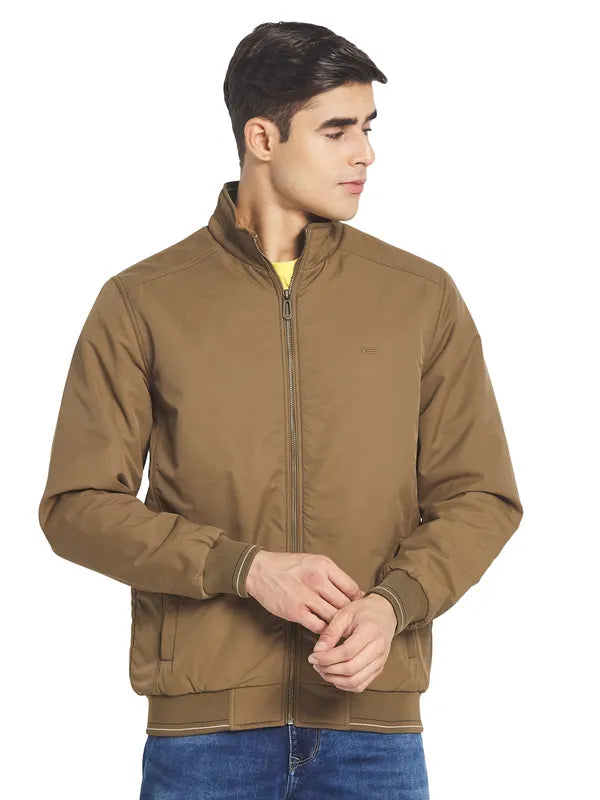 Mettle Men Khaki Solid Long Sleeves Bomber Jacket