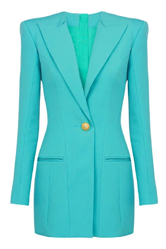 Blazers featuring bold checks are fun -Lake Blue Peak Lapel Long Sleeves One Button Women Blazer