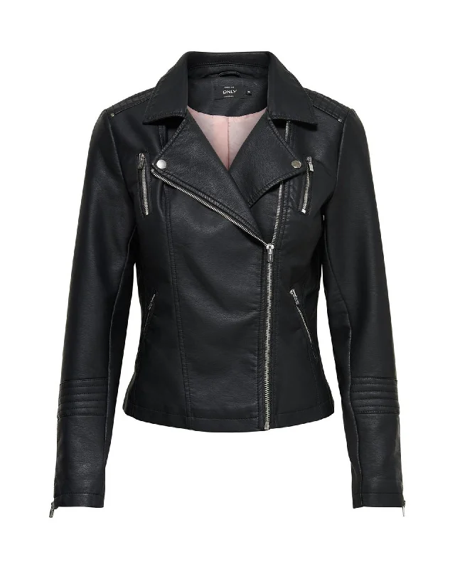 Faux Leather Jacket with Lapel Collar and Zip Fastening