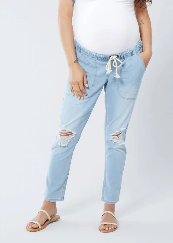 Designer tight trousers for women with unique stitching and high-fashion appeal -Drawstring Girlfriend Jeans In Light Wash