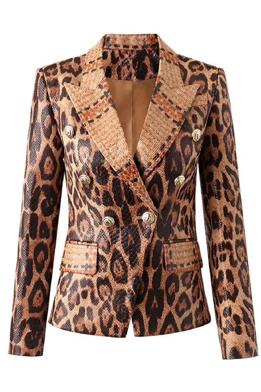 Blazers with peaked lapels feel grand -Leopard Print Peak Lapel Long Sleeves Women Blazer