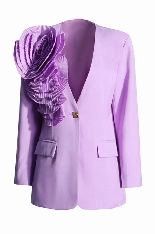 Blazers in white tones look crisp -Purple Flower V Neck Single Button Women's Blazer