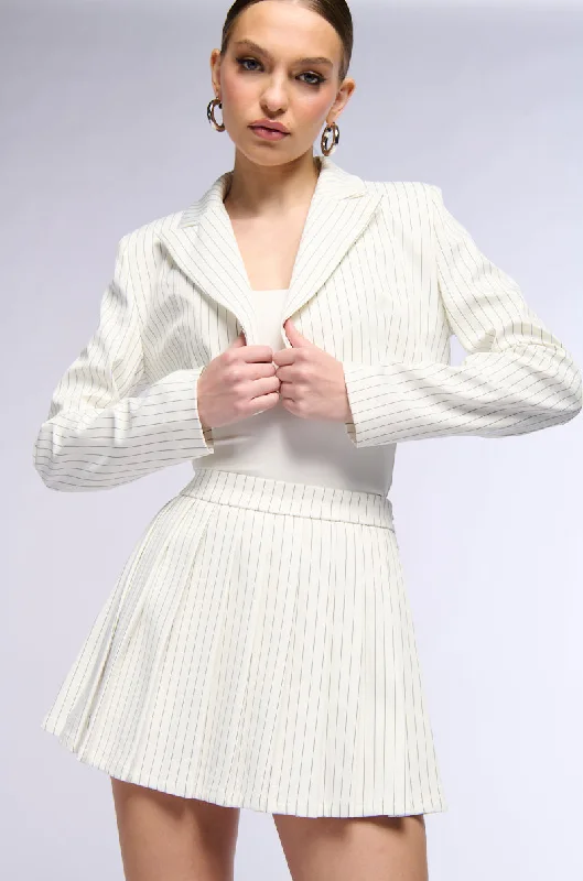 Stylish blazers for women elevate office fashion effortlessly -WHATS THE TEA PINSTRIPE CROP BLAZER IN WHITE