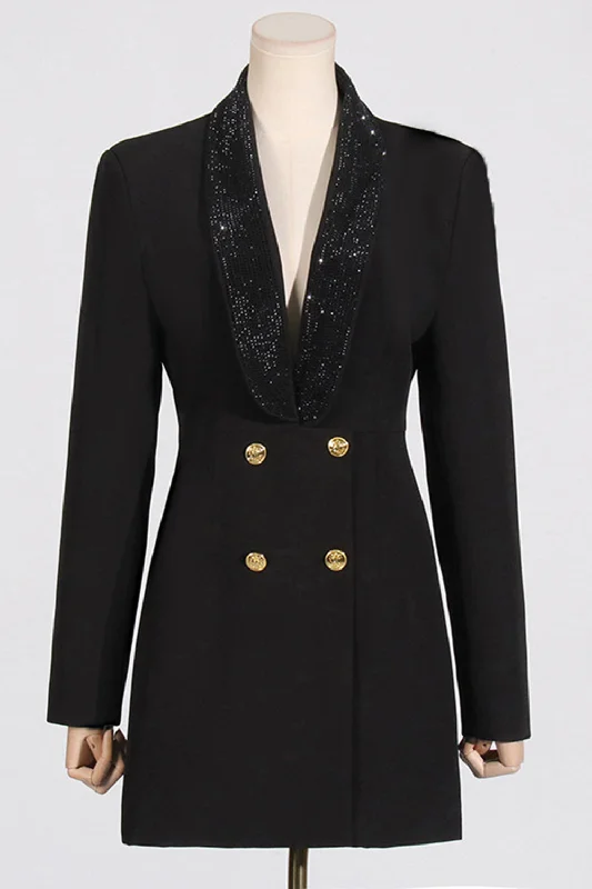 Blazers with classic buttons stay elegant -Sparkly Black Shawl Lapel Backless Beading Women's Blazer