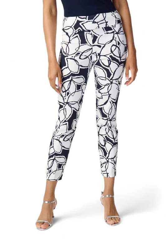 Comfortable tight trousers for women with soft cotton fabric and stretch -Floral Print Two Tone Pants In Midnight Blue/vanilla