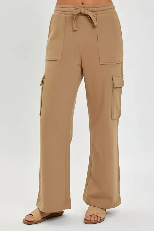 Stretch-fit tight trousers for women with all-over fit and body-hugging silhouette -High Rise Cargo Pocket Wide Pants In Mocha