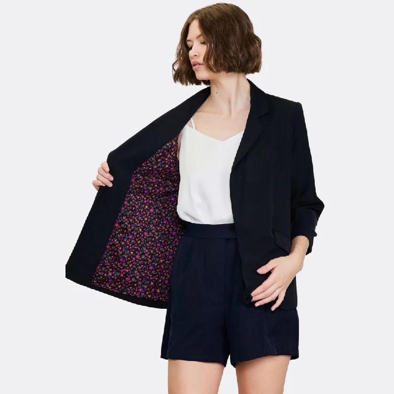 Plush blazers for cozy nights look chic -Eco-Friendly Recycled Poly Shirred Long Sleeve Blazer (Black)